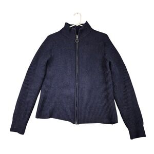 Maison Standards Paris Mens Navy Blue Ribbed Full Zip Mock Neck Cardigan Sweater
